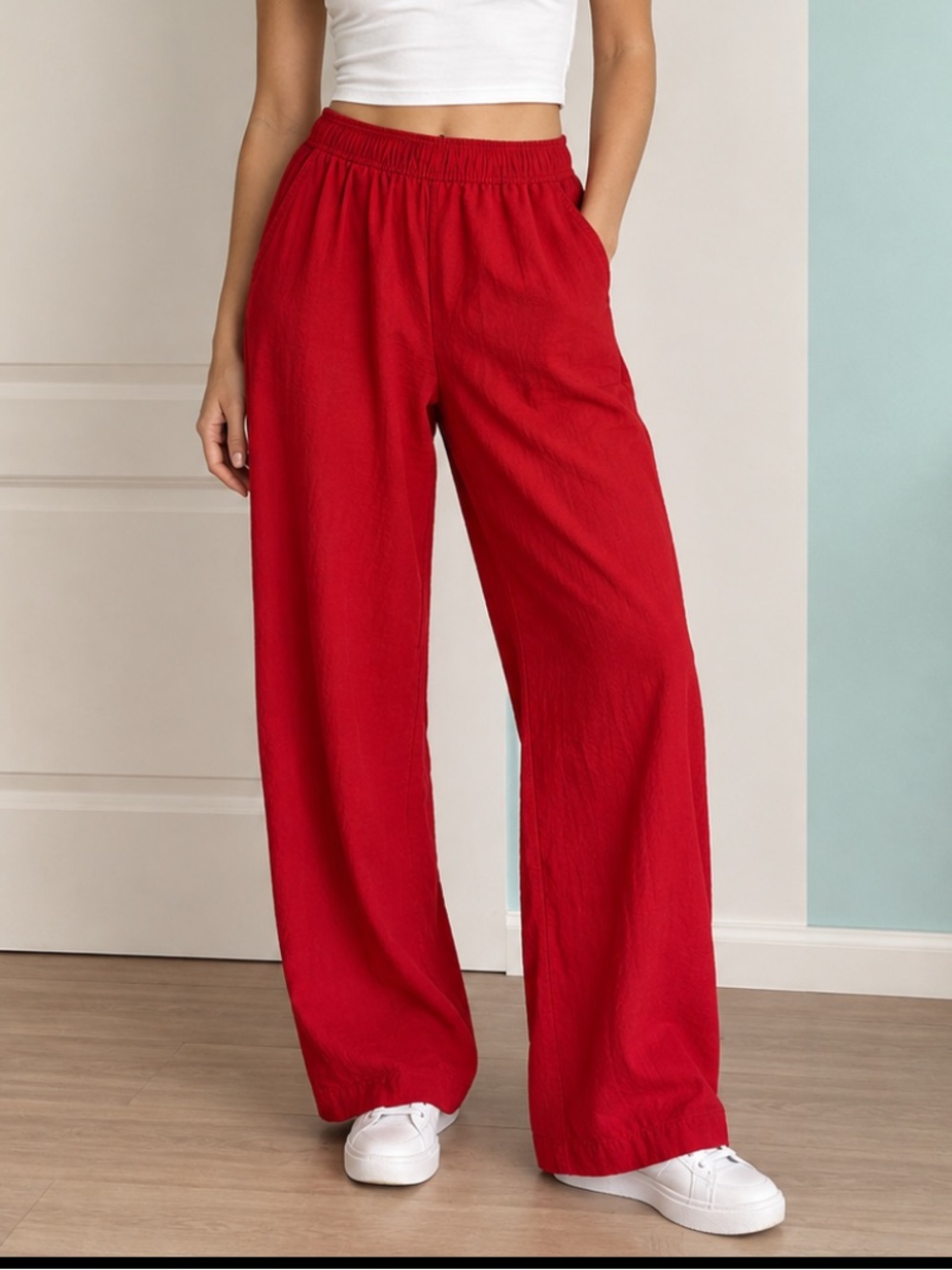 Gap Tomato Red Linen-Rayon Relaxed Wide-Leg Trousers Size M Tall